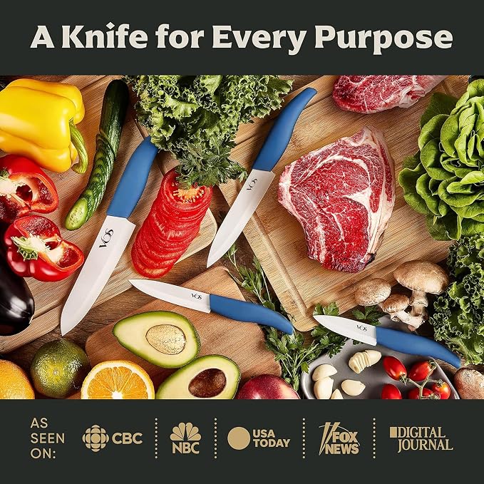 Vos Ceramic Knife Set with Block, Ceramic Knives Set For Kitchen, Ultra Sharp Kitchen Knife Set with Covers, 3" 4" 5" 6" Chef Knife, Utility, Paring & Versatile, Lightweight, Dishwasher safe (Blue)