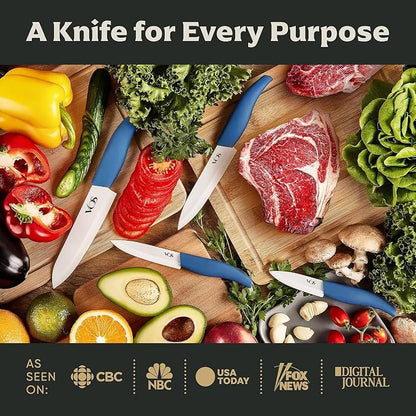 Vos Ceramic Knife Set with Block, Ceramic Knives Set For Kitchen, Ultra Sharp Kitchen Knife Set with Covers, 3" 4" 5" 6" Chef Knife, Utility, Paring & Versatile, Lightweight, Dishwasher safe (Blue)