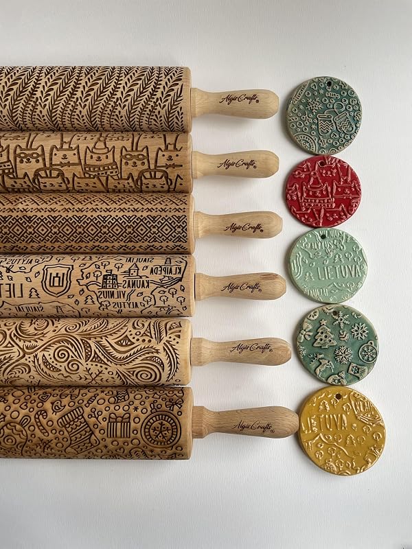 LOTUS embossing rolling pin with Lotus flower Pattern. Dough roller for embossed cookies and Pottery by Algis Crafts