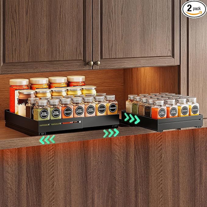 SNTD Pull Out Spice Rack for Upper Cabinet - Expandable Organizer with Smooth Ball Bearing Slides, No Drill Mounting Spice Storage for Kitchen (2 Pack, 7.2" to 12.9" W X 10" D X 2.2" H)