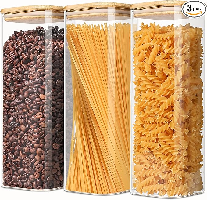 VIEWELLD 2.2 Qt Square Glass Storage Containers with Lids, Clear Food Storage Container Jar with Sealing Bamboo Lid Storage Containers for Pasta, Oats, Coffee, Flour, Sugar, Square Set-3Pack