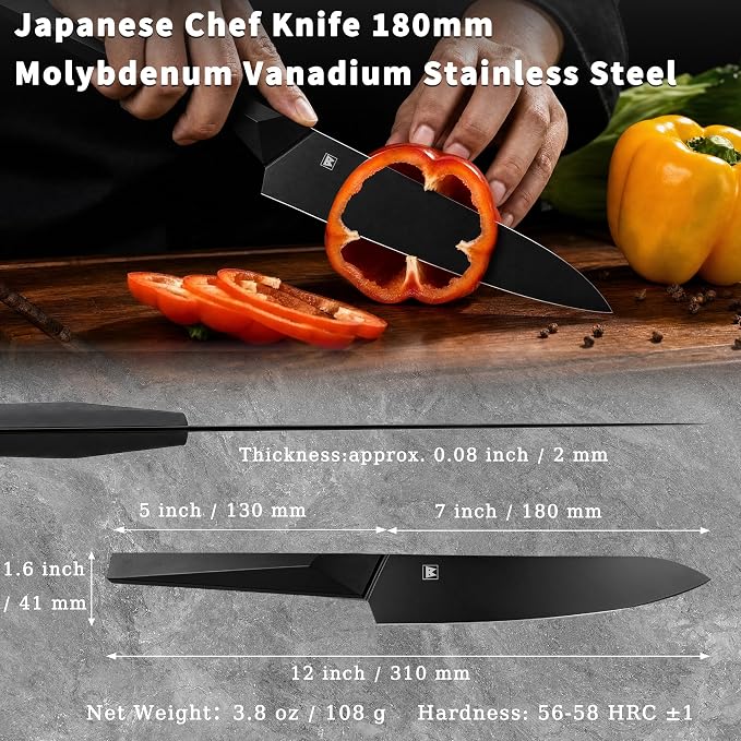 7 Inch Japanese Chef Knife, Made in Japan, High Carbon Molybdenum Stainless Steel Gyuto Knife with Black Non-stick Coating, Kitchen Knife for Vegetable & Meat Cutting, Men's Gift