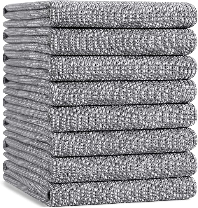 Mordimy Premium Kitchen Towels 8 Pack (18 x 28 Inches, Grey), Large Cotton Kitchen Hand Towel, Flat & Terry Dish Towels for Drying Dishes, Super Absorbent Tea Dishtowels Set with Hanging Loop