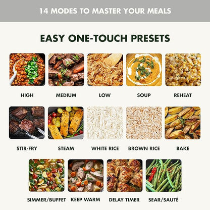 GreenPan Elite 14-in-1 Nonstick 6QT Electric Slow Cooker, PFAS-Free Ceramic Multi-Cooker, In-Pot Browning, Dishwasher Safe Lid & Removable Crock, Stainless Steel Steamer, Silicone Handles, White