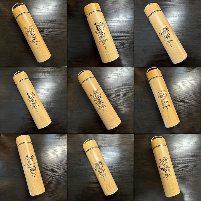 Personalized Gifts 15 oz Tea Tumbler Laser Engraving Bamboo Water Bottle Custom Name Birth Month Flower Gift for Mom, Birthday Gifts, Family