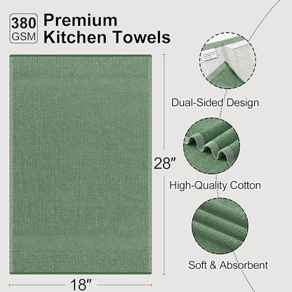 Mordimy Premium Kitchen Towels 8 Pack (18 x 28 Inches, Grass Green), Large Cotton Kitchen Hand Towel, Flat & Terry Dish Towels for Drying Dishes, Super Absorbent Tea Dishtowels Set with Hanging Loop