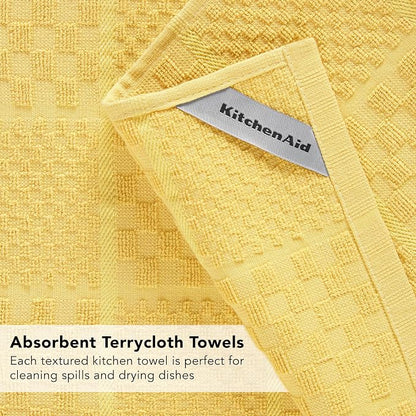 KITCHENAID Quilted Cotton Terry Cloth Oven Mitt, Pot Holder, Kitchen Towel 4-Pack Set, Heat Resistant, Silicone Grip, 16"x26", 7"x13" & 7"x10", Butter Yellow