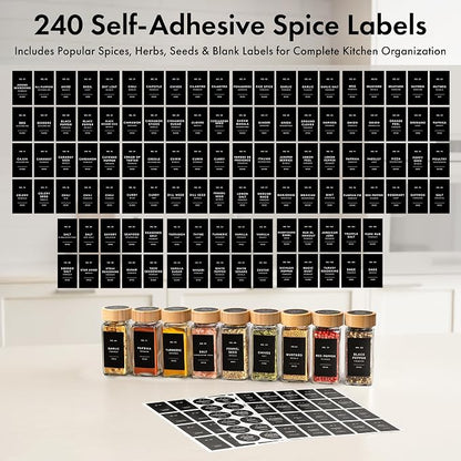 EDELHAUS® Square Spice Jars with Bamboo Wooden Lid (Pack of 24) Spice Jars with Shaker Insert and 240 Labels - Bamboo Lid Glass Container for Spice Organisation [4.3 in × 1.8 in]