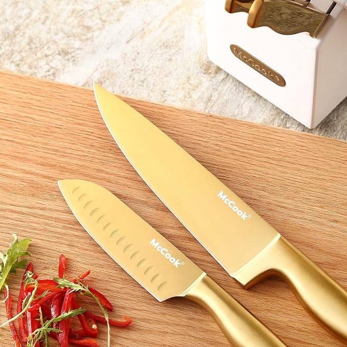 McCook® Kitchen Knife Sets, Golden Titanium Stainless Steel Knives Block Set with Built-in Sharpener, 20 Piece Knives, Restaurant Grade Sharp, Elegant Gold & Stylish Wooden Block for Modern Culinary