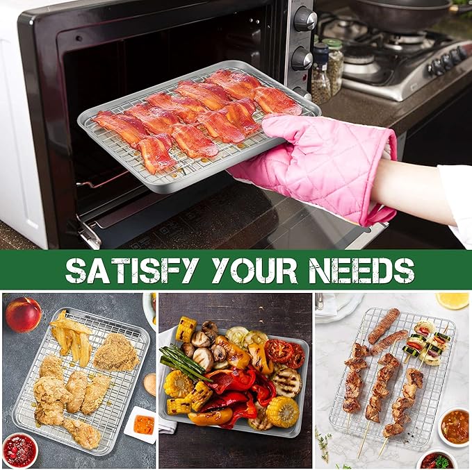 P&P CHEF 9 Inch Toaster Oven Pan with Rack Set, Stainless Steel Baking Pan Tray and Grid Cooling Rack for Cooking/Roasting, Dishwasher Safe & Easy to Clean, Non-toxic & Sturdy, (4Pcs)