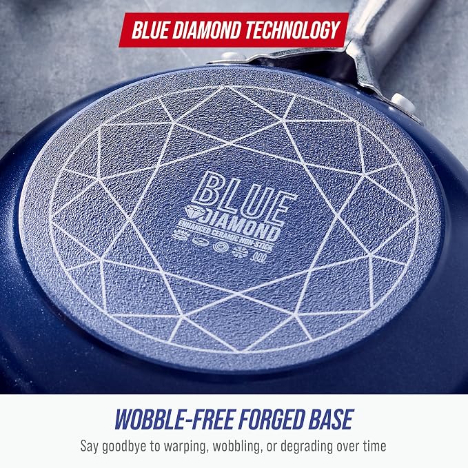Blue Diamond Ceramic Nonstick 14" Frying Pan Skillet, PFAS-Free Cookware, Jumbo Cooker with Helper Handle, For Large & Family Sized Meals, Dishwasher & Oven Safe, Blue
