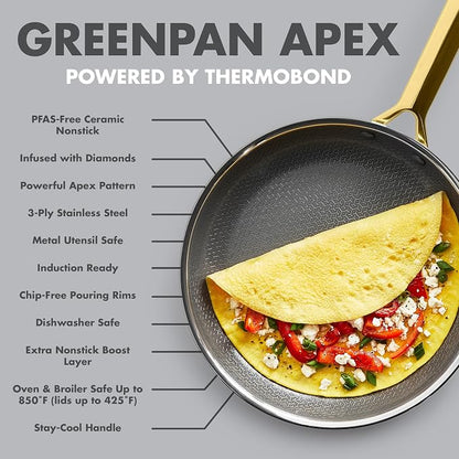 GreenPan Hybrid 6-Piece Frying Pan Set (8, 10, 12-inch Skillets with Glass Lids), Ceramic Nonstick with Tri-Ply Stainless Steel, Induction & All Cooktop Compatible, Dishwasher & Oven Safe, Gold