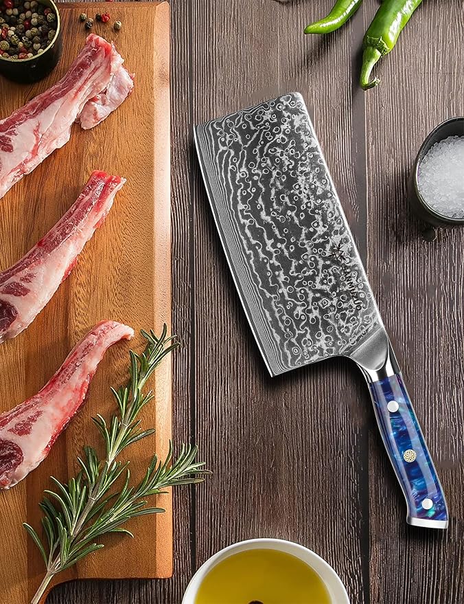 Chinese Chef Knife - 7" Cleaver Knife- Xuan Series - VG10 Damascus Steel Kitchen Knife - Resin Handle (Sapphire Blue)