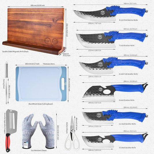 XYJ Knife Block Set, High Carbon Steel Blades, Kitchen Knives Set with Magentic Knife Holder, Honing Steel, Scissors, Cutting Board, Gloves, Peeler, Boning Slicing Chef Knives, Ergonomic Handle