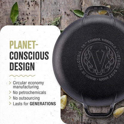 Victoria 10-Inch Cast Iron Comal Pizza Pan with 2 Side Handles, Preseasoned with Flaxseed Oil, Made in Colombia, Black