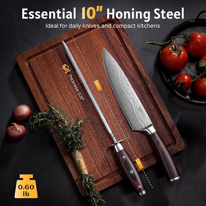 PAUDIN Honing Rod, Knife Sharpener Rod 10 inch, Professional Kitchen Knife Sharpener, High Carbon Knife Sharpening Steel with Ergonomic Pakkawood Handle, Honing Steel for All Chef Knives