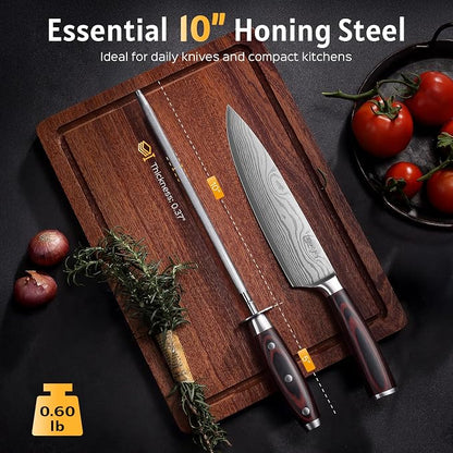 PAUDIN Honing Rod, Knife Sharpener Rod 10 inch, Professional Kitchen Knife Sharpener, High Carbon Knife Sharpening Steel with Ergonomic Pakkawood Handle, Honing Steel for All Chef Knives