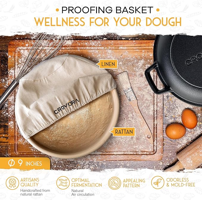 Crovora Pre-Seasoned Cast Iron Dutch Oven for Bread Baking with Skillet Lid - Incl. Sourdough Bread Baking Supplies like Banneton Bread Proofing Basket, 5QT Cast Iron Bread Pan, Bread Oven