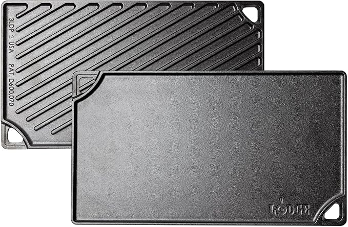 Lodge Reversible Cast Iron Grill/Griddle Pan 16.75 x 9.5 - Pre-Seasoned Dual-Sided Double Burner for BBQ, Eggs, Pancakes, Burgers - PFAS Free Cookware - Flat Top Plate for Oven, Grill, & Campfire