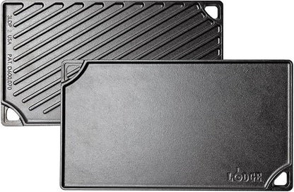 Lodge Reversible Cast Iron Grill/Griddle Pan 16.75 x 9.5 - Pre-Seasoned Dual-Sided Double Burner for BBQ, Eggs, Pancakes, Burgers - PFAS Free Cookware - Flat Top Plate for Oven, Grill, & Campfire