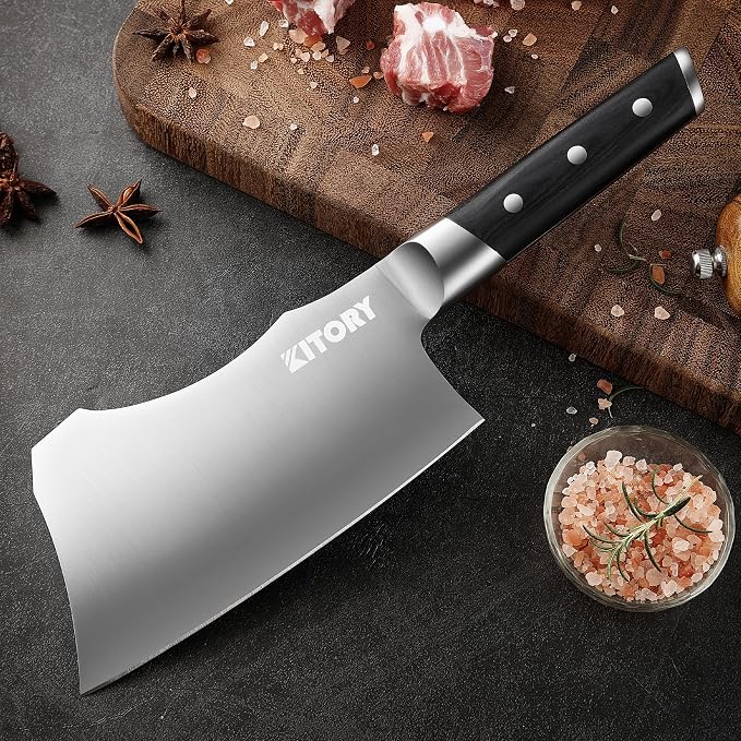 Kitory Meat Cleaver for bones and frozen meat - 7 inch German High Carbon Stainless Steel Kitchen Chopping Knife Blade, Ergonomic Wodden Handle with Enhanced Bolster - Gifts Box Included