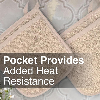 RITZ Terry Pocket Mitt & Hot Pad: Unparalleled Heat Resistant, Durable 100% Cotton – Ergonomically Designed for Optimal Grip – Easy-Care Machine Washable – 4-Pack, Latte