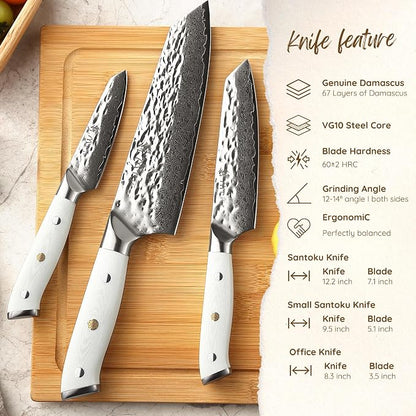 Wakoli Pearl Blanche Damascus Kitchen Knife Set, 3-Piece Professional Chef Knife Set | 67-Layer Damascus Steel with VG10 Core | White G10 Handles | Gift Box