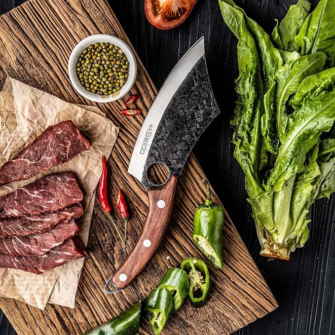 Seido Knives Hakai Chef Cleaver Knife | High Carbon Stainless Steel Meat Cleaver for Kitchen, Camping & BBQ | Japanese-Style Butcher Knife with Ergonomic Rosewood Handle & Leather Sheath