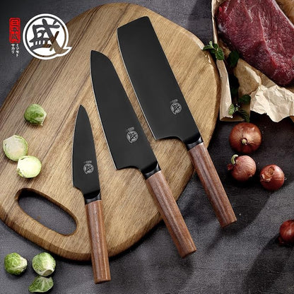 MITSUMOTO SAKARI 7-Inch Japanese Nakiri Knife, Black Titanium Coated | Flat Nakiri edge for vegetable push cuts, black titanium coating, German alloy steel, walnut handle