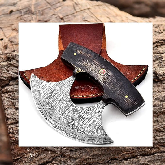 Black Handle Handmade Damascus Steel Ulu Knife - Alaskan Damascus Ulu Knife With Sheath - Damascus Alaska Knives For Men and Women - Skinning, Chopping,Rocking, Mincing, Slicing Meat & Herb