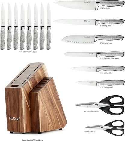 McCook® Knife Sets,Full Tang Hammered German Stainless Steel Kitchen Knife Set, 17 Piece Knives, Razor-Sharp, Forged Triple Rivet, Ergonomic Handle,Elegant Box for Gift