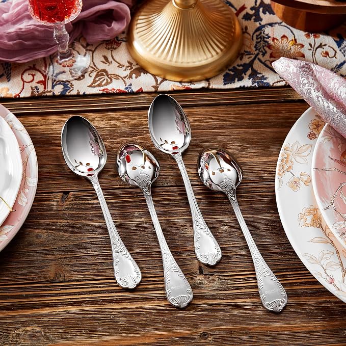 KEAWELL Premium Regalia 4-Piece Spoon Set 7.3-Inch – Ornate 18/10 Stainless Steel Silverware with European Luxury Handles, Dishwasher Safe for Elegant Dining (Silver, Dinner Spoons)
