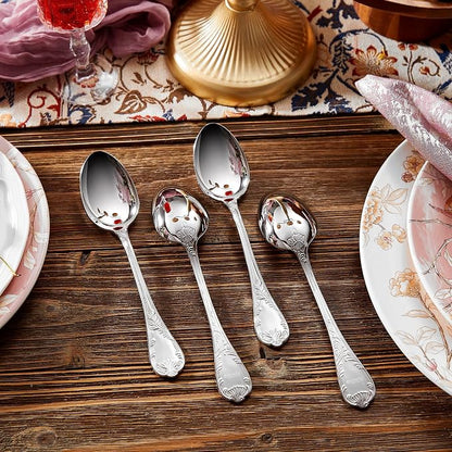 KEAWELL Premium Regalia 4-Piece Spoon Set 7.3-Inch – Ornate 18/10 Stainless Steel Silverware with European Luxury Handles, Dishwasher Safe for Elegant Dining (Silver, Dinner Spoons)