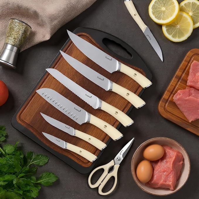 KUISINE Upgraded Sharp Chef Knife Set,High Carbon Stainless Steel Ergonomic Rivet Handle,Knife Block Set with Built-in Sharpener(Acacia Ivory Pro,15PCS)
