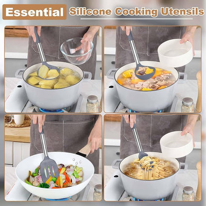 LIANYU Silicone Cooking Utensil Set, 6Pcs Heat Resistant Kitchen Utensils Set, Non-stick Stainless Steel Handle Spatula Tools, Dishwasher Safe, Grey