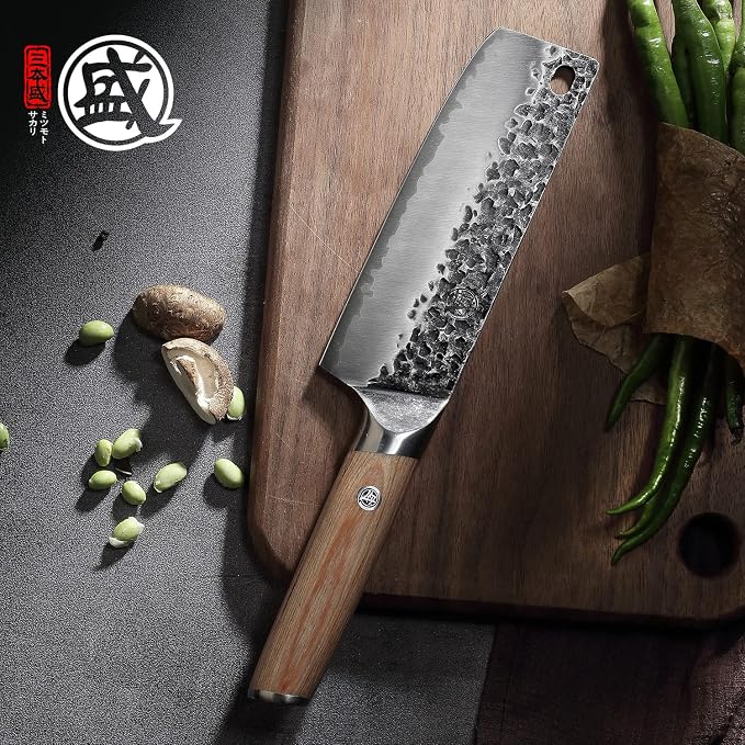 MITSUMOTO SAKARI 7-Inch Japanese Nakiri Knife, SKD-11 Steel | Wide 2mm Nakiri blade for vegetable push cuts, 3-layer SKD-11 steel, textured finish, pakkawood handle