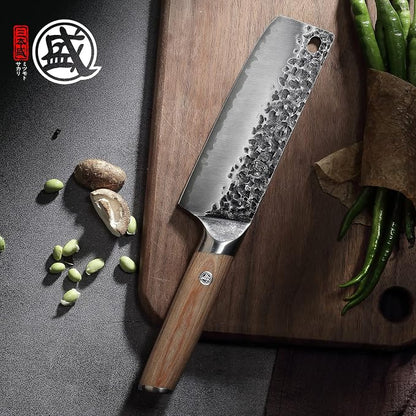 MITSUMOTO SAKARI 7-Inch Japanese Nakiri Knife, SKD-11 Steel | Wide 2mm Nakiri blade for vegetable push cuts, 3-layer SKD-11 steel, textured finish, pakkawood handle