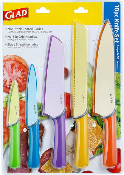 Glad Knife Set for Kitchen – Stainless Steel Chef Knives with Sheaths | Sharp Colored Blades with Non-Slip Handles | Assorted Nonstick Cooking Essentials for Home