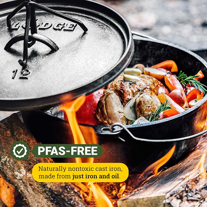Lodge Seasoned Cast Iron Camp Dutch Oven with Lid - 6 Quart - Dual Handles - Seasoned Cast Iron Cookware with Steel Handle & Strong Lid for Heavy-Duty Camping Cookware - Boy Scouts of America