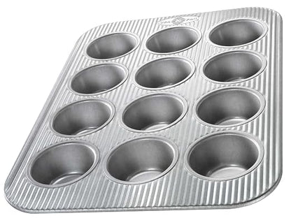 USA Pan 1607CR Bakeware Extra Large Sheet Baking Pan and Bakeable Nonstick Cooling Rack Set, XL, Metal & Bakeware Muffin Pan, 12-Well, Aluminized Steel