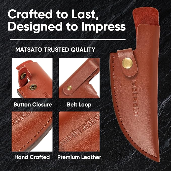 Matsato Chef Knife with Leather Sheath – Japanese Steel Kitchen Knife for Home & Cooking, Christmas Gift Set for Men or Women, Kitchen Accessory for Chefs