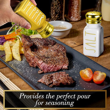 Farmhouse Gold Salt and Pepper Shakers Set by Brighter Barns - Glass Shakers & Stainless Steel Lid - Modern Farmhouse Decor for Restaurant, Airbnb, Wedding, Gifts - Luxury Kitchen Accessories (Gold)