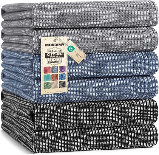 Mordimy Premium Kitchen Towels 6 Pack (18 x 28 Inches, Navy Blue/Grey/Black), Large Cotton Flat & Terry Kitchen Hand Towel, Super Absorbent Tea Dishtowels Set with Hanging Loop
