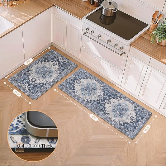 GENIMO Kitchen Mats for Floor 2PCs, Washable Anti Fatigue Mat for Cushioned, 17.3"x47"+17.3"x30", Waterproof Kitchen Rugs, Non Slip Comfort Standing Mat Rug for Home, Sink, Laundry, Soft Blue Violet