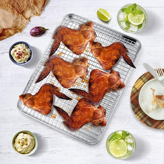 P&P CHEF 12.5 Inch Toaster Oven Pan with Rack Set, Stainless Steel Baking Pan Tray and Grid Cooling Rack for Cooking/Roasting, Dishwasher Safe & Easy to Clean, Non-toxic & Sturdy, (2Pcs)