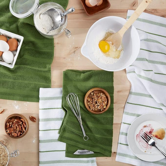 KitchenAid Albany Kitchen Towel 4-Pack Set, Matcha Green/White, 16"x26"