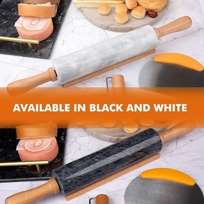 18.5 inches Marble Rolling Pin,Large Non-Stick Dough Roller,for making pizza, cookies,pie crusts, and pasta.with Silicone Pastry Mat,Stainless Steel Scraper,and Small Wooden Roller Pin(White)