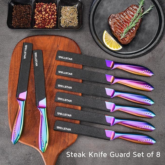 WELLSTAR Steak Knife Edge Guards Set, 8 Piece Universal Blade Covers, BPA Free ABS Protective Blade Sheaths, Non-Scratch Felt Lining Kitchen Utility or Steak Knives Covers (Knives not included)