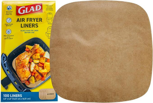 Glad Air Fryer Parchment Liners, Nonstick, Heat Resistant to 446 Degrees F, Food-Grade Material, Flat Square for Round and Square Air Fryer Baskets, 6.5" x 6.5", 100 Count