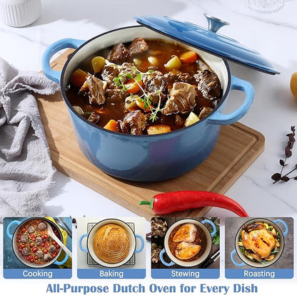E-far Enameled Dutch Oven Pot for Bread Baking, 6QT Enameled Cast Iron Cookware with Self-Basting Lid & Sourdough Bread Baking Supplies, Heavy Duty Casserole Pot & Dual Handles-Blue